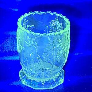 Antique EAPG US Glass Child's Nursery Rhyme Spooner or Open Sugar Manganese Glow